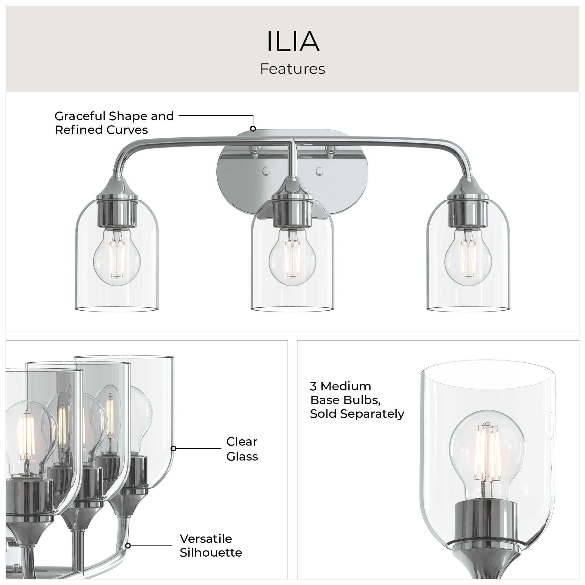 Ilia 3-Light Bath Vanity with Clear Glass Shade