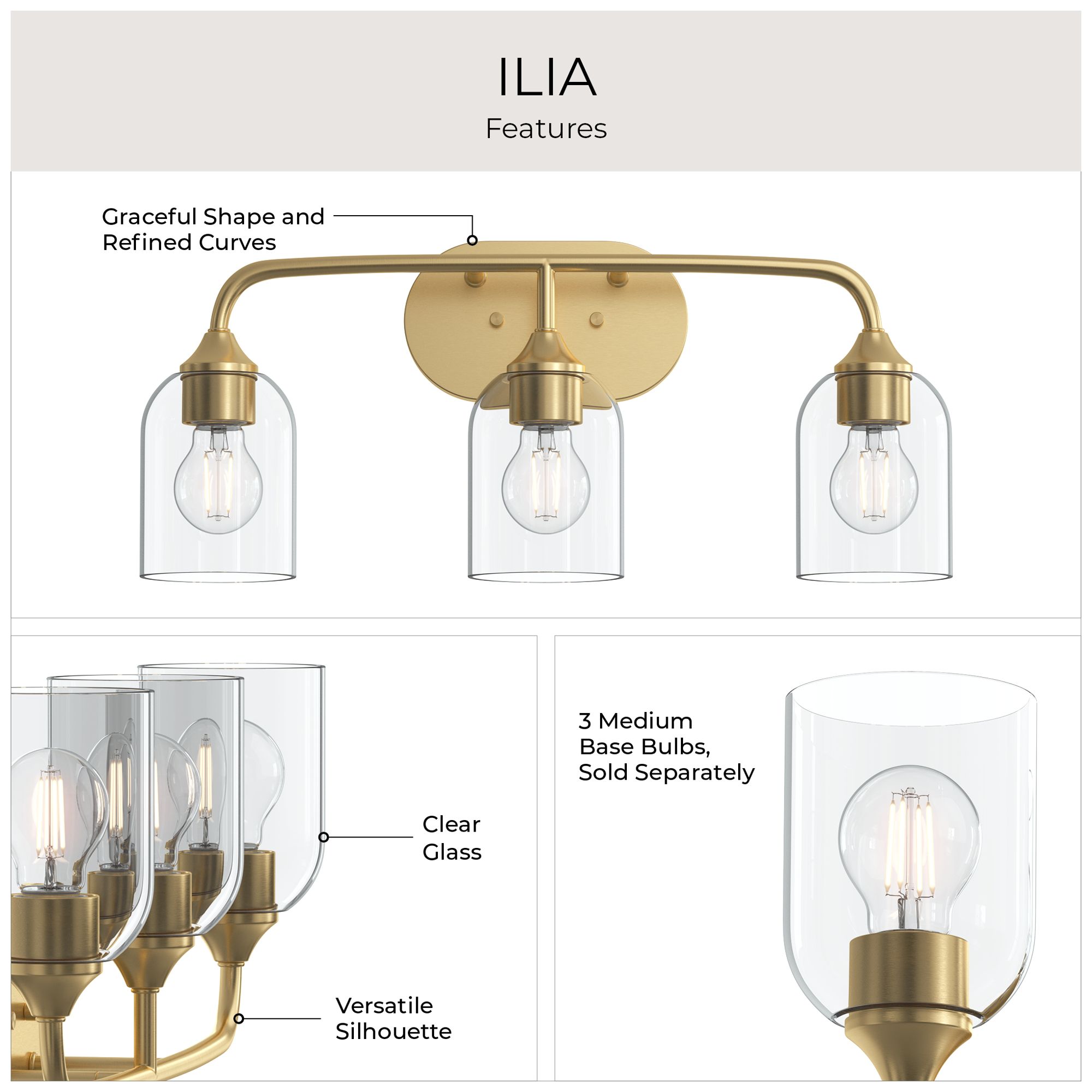 Ilia 3-Light Bath Vanity with Clear Glass Shade