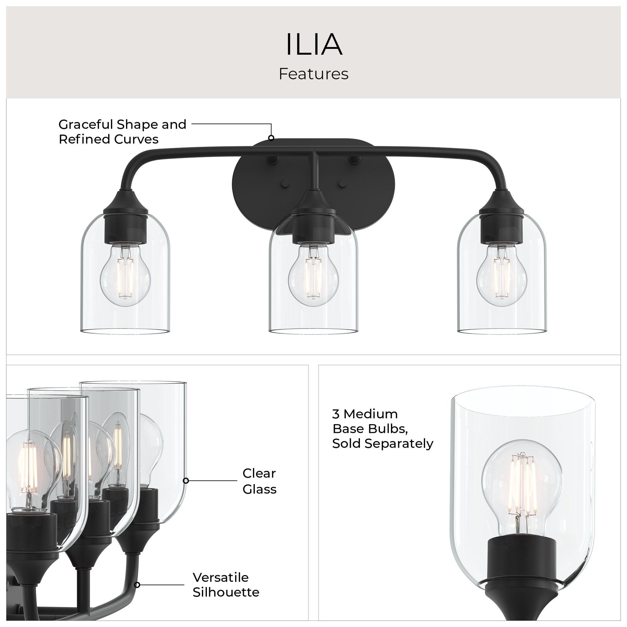 Ilia 3-Light Bath Vanity with Clear Glass Shade