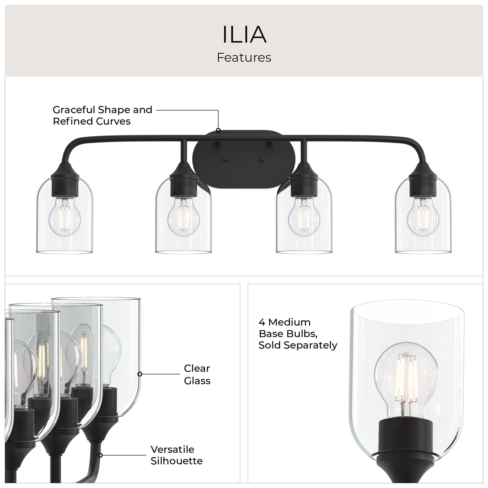 Ilia 4-Light Bath Vanity with Clear Glass Shade