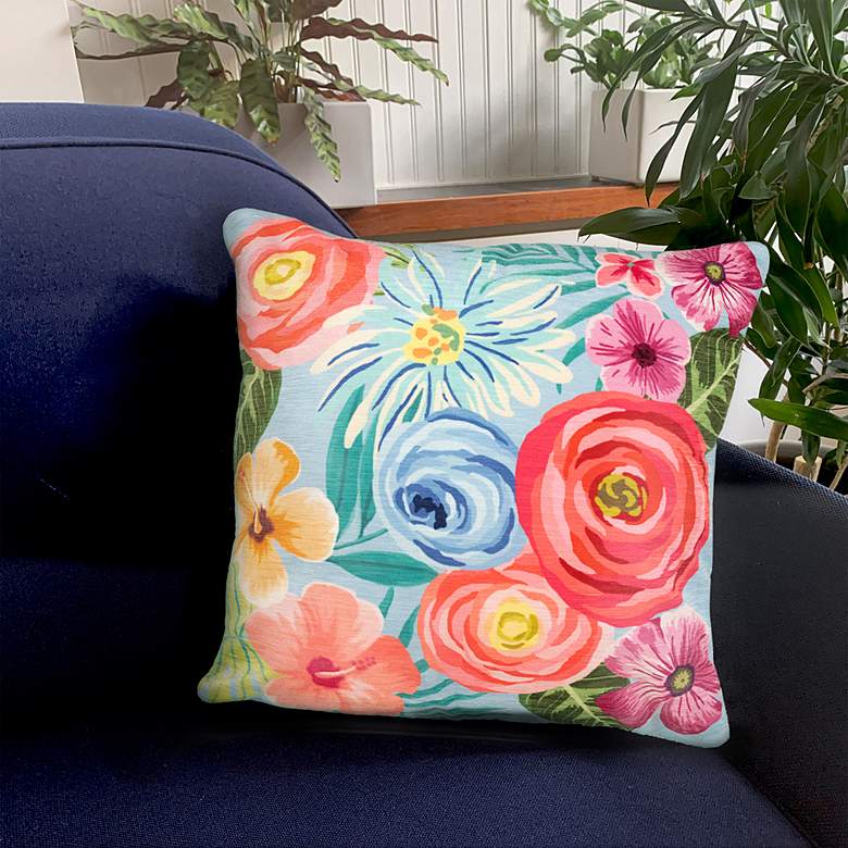 Image 1 Illusions Flower Garden Blue 18" Square Outdoor Throw Pillow