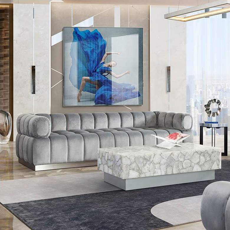 Image 3 Image 97" Wide Platinum Gray Velvet Tufted Low Profile Sofa more views