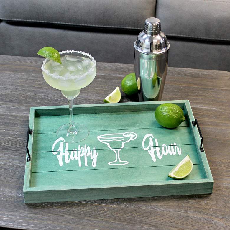 Image 1 "Happy Hour" Aqua Wash Decorative Wood Serving Tray