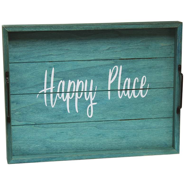 Image 2 "Happy Place" Blue Wash Decorative Wood Serving Tray