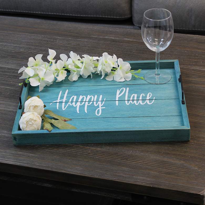 Image 1 "Happy Place" Blue Wash Decorative Wood Serving Tray