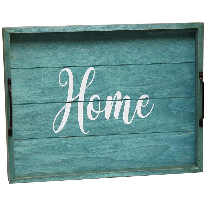 Image 2 "Home" Blue Wash Decorative Wood Serving Tray with Handles