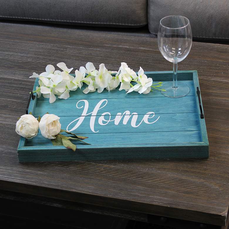 Image 1 "Home" Blue Wash Decorative Wood Serving Tray with Handles