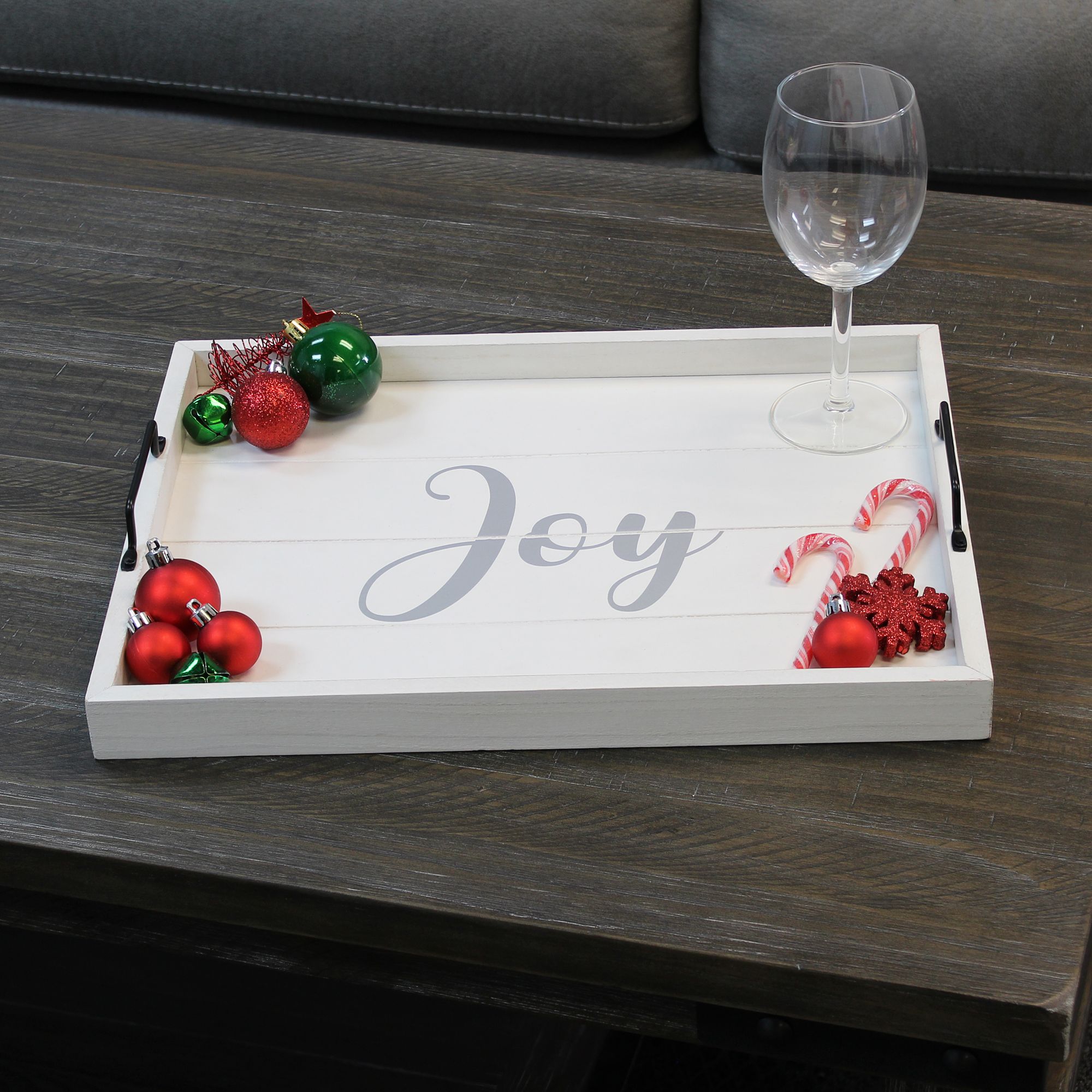 White wooden serving tray deals with handles