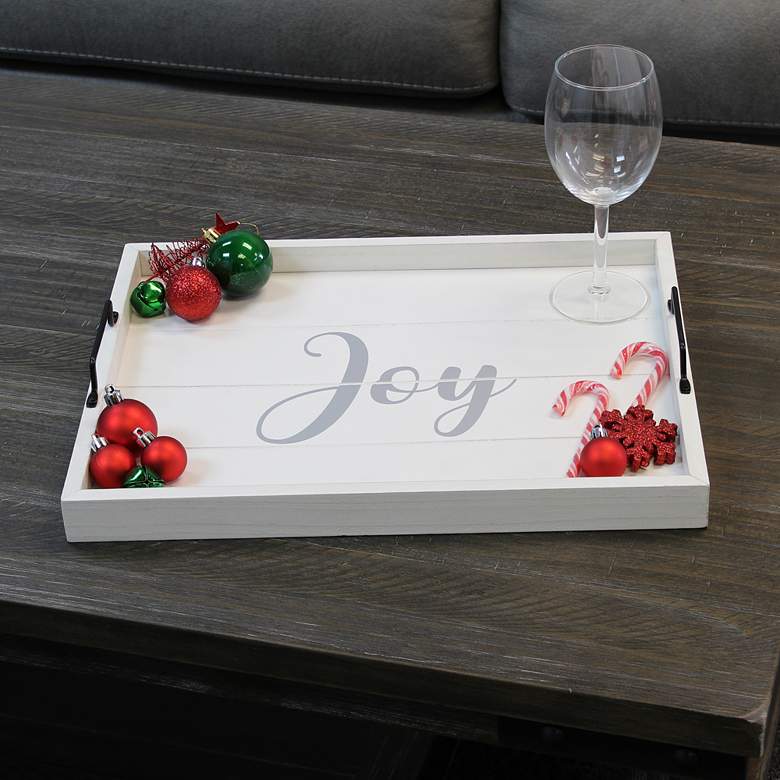 Image 1 "Joy" White Wash Decorative Wood Serving Tray with Handles