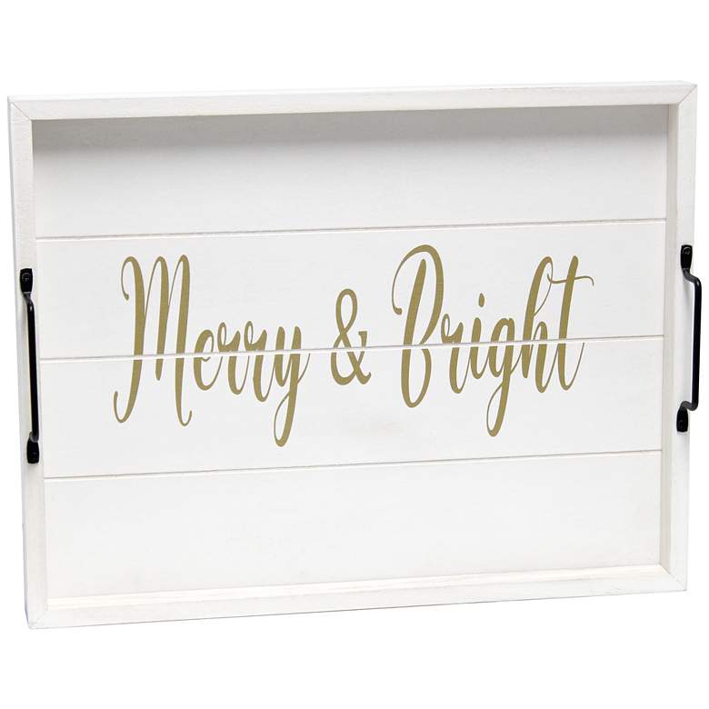 Image 2 "Merry & Bright" White Wash Decorative Wood Serving Tray