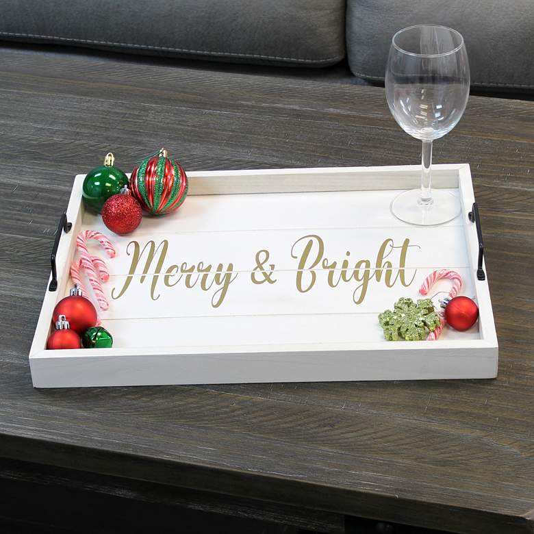 Image 1 "Merry & Bright" White Wash Decorative Wood Serving Tray