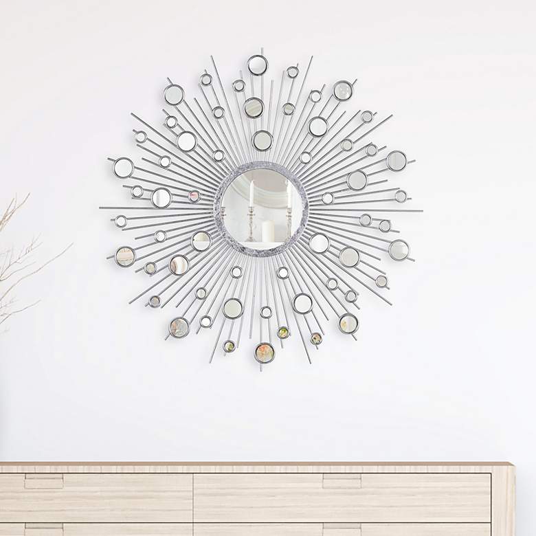 Image 1 "Milkyway I" Silver Leaf 36" Round Sunburst Wall Mirror