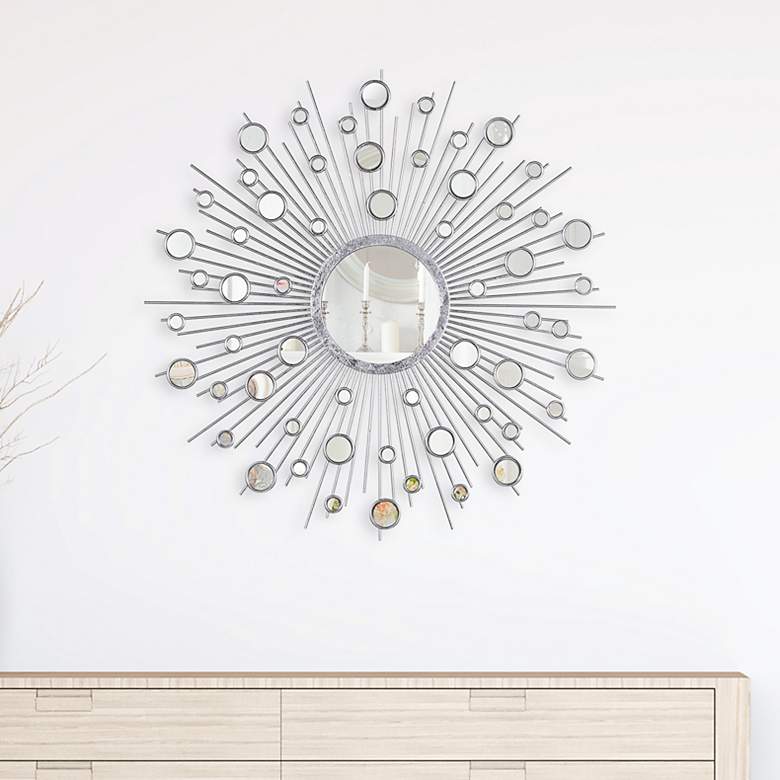 Image 1  inchMilkyway I inch Silver Leaf 36 inch Round Sunburst Wall Mirror