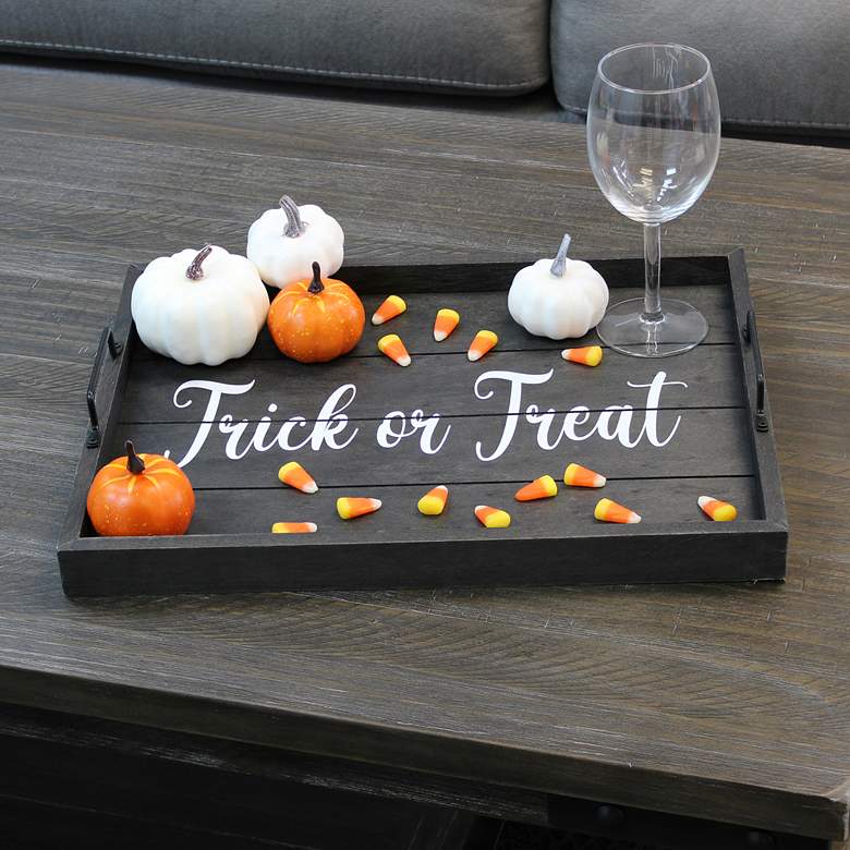 Image 1  inchTrick or Treat inch Black Wash Decorative Wood Serving Tray