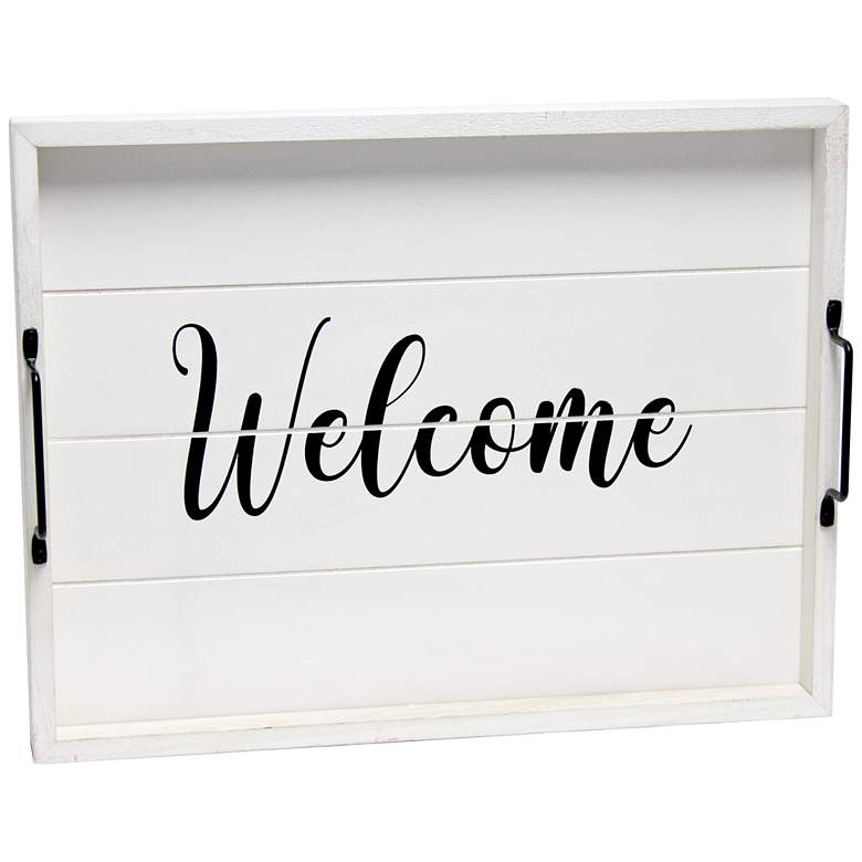 Image 2 "Welcome" White Wash Decorative Wood Serving Tray w/ Handles