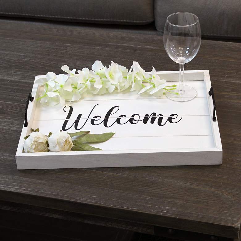 Image 1 "Welcome" White Wash Decorative Wood Serving Tray w/ Handles