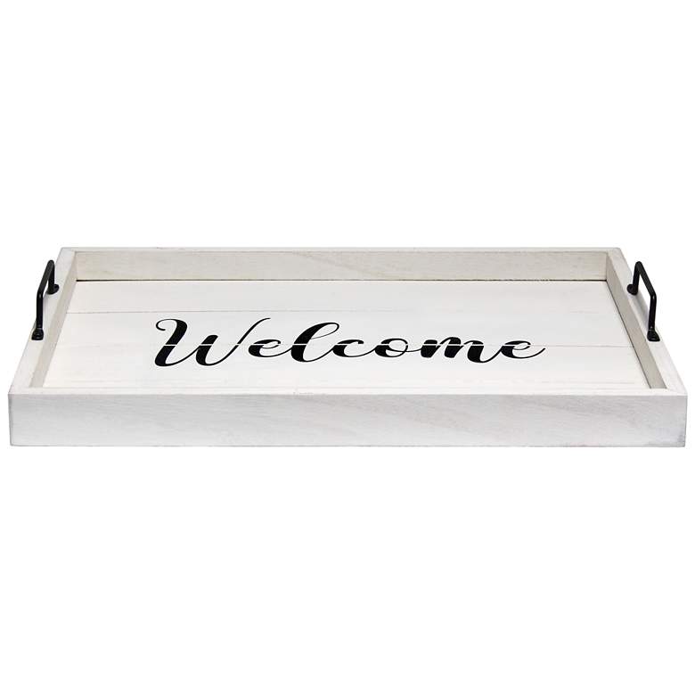 Image 5 "Welcome" White Wash Decorative Wood Serving Tray w/ Handles more views