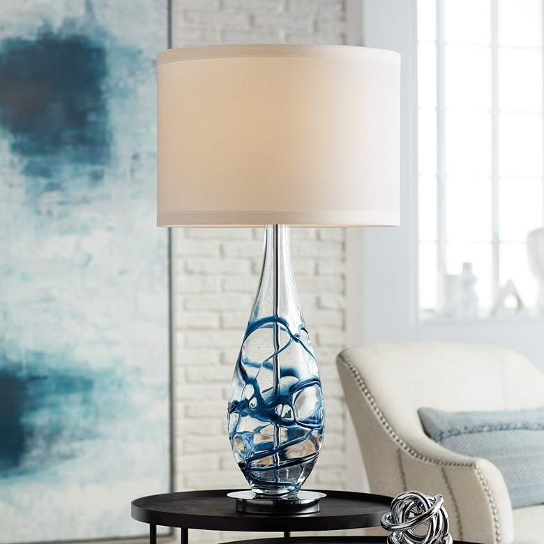 Indigo Swirl Blue Art Glass Table Lamp