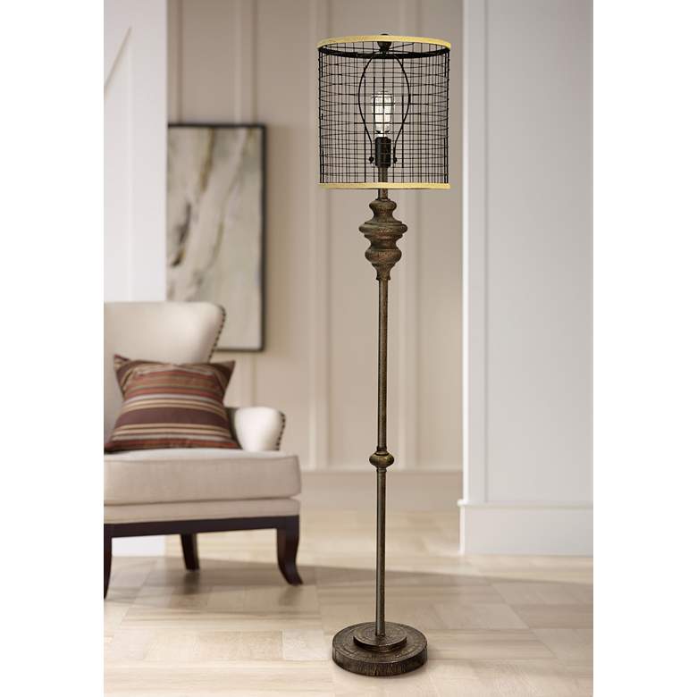 Image 1 Industrial 64 inch High Black Floor Lamp with Open Cage Shade
