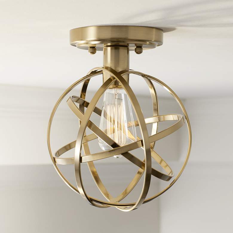 Image 1 Industrial Atom 8" Wide Brass LED Ceiling Light