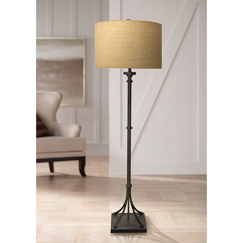 Image 1 Industrial Bronze Floor Lamp w/ Beige Hardback Fabric Shade