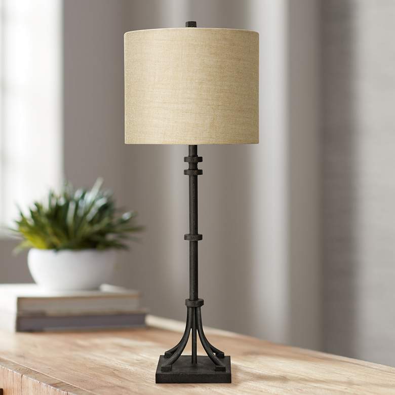 Image 1 Industrial Bronze Iron Table Lamp with Beige Hardback Shade