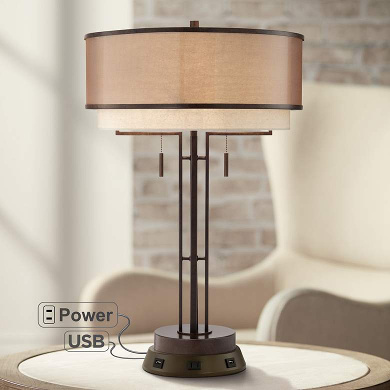 Industrial Bronze USB Table Lamp with USB and Outlet Workstation Base