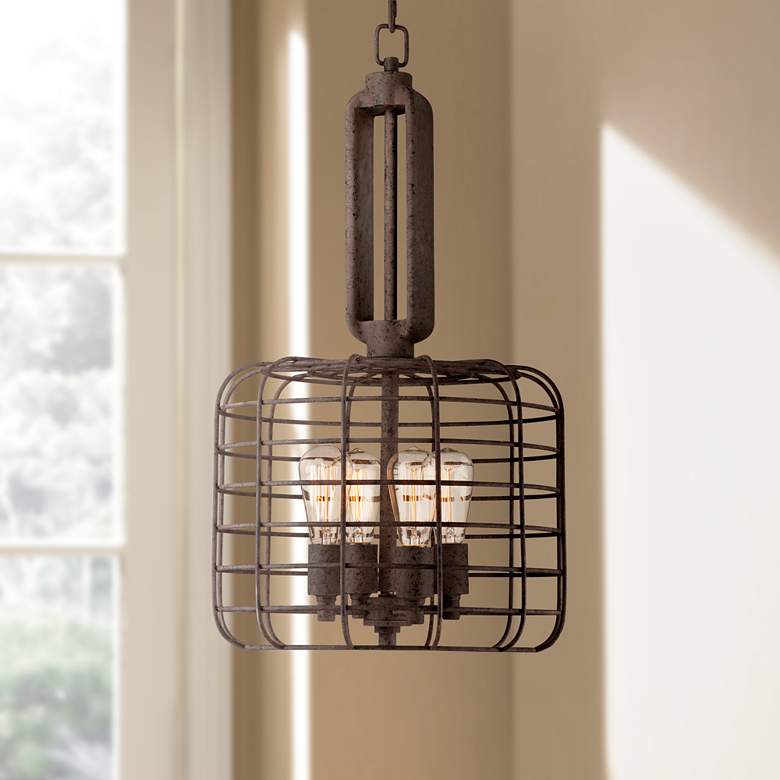 Image 1 Industrial Cage 14 1/2 inch Wide Rust Metal Pendant Light