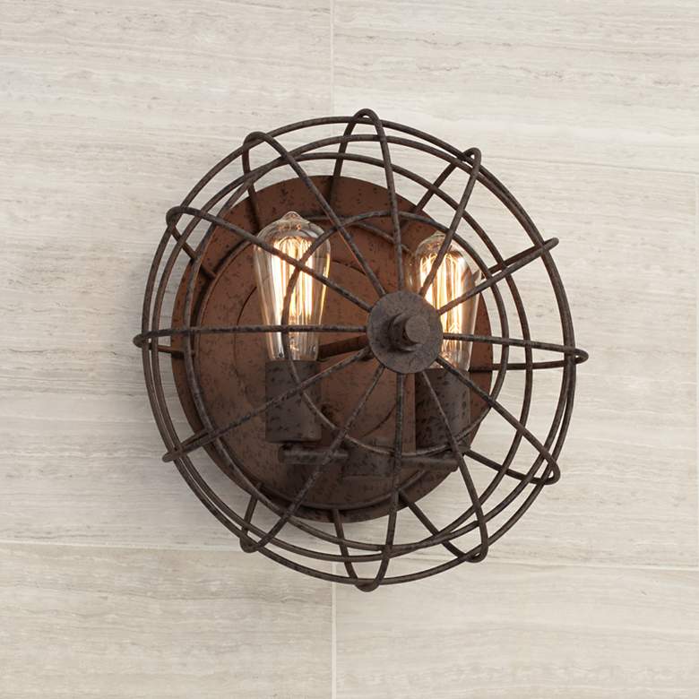 Image 1 Industrial Cage 14 inch Wide Dark Rust Wall Sconce