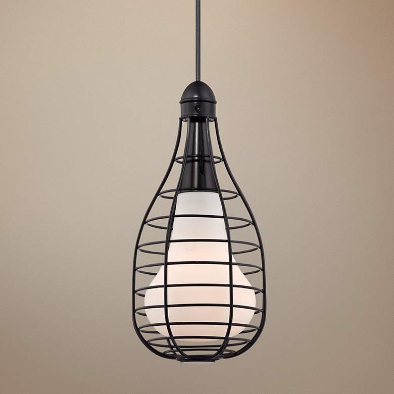 Image 1 Industrial Cage 6 inch Wide Black Pendant Light