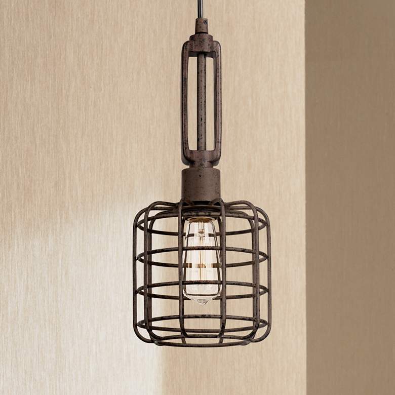 Image 1 Industrial Cage 7 inch Wide Rust Metal Mini Pendant Light