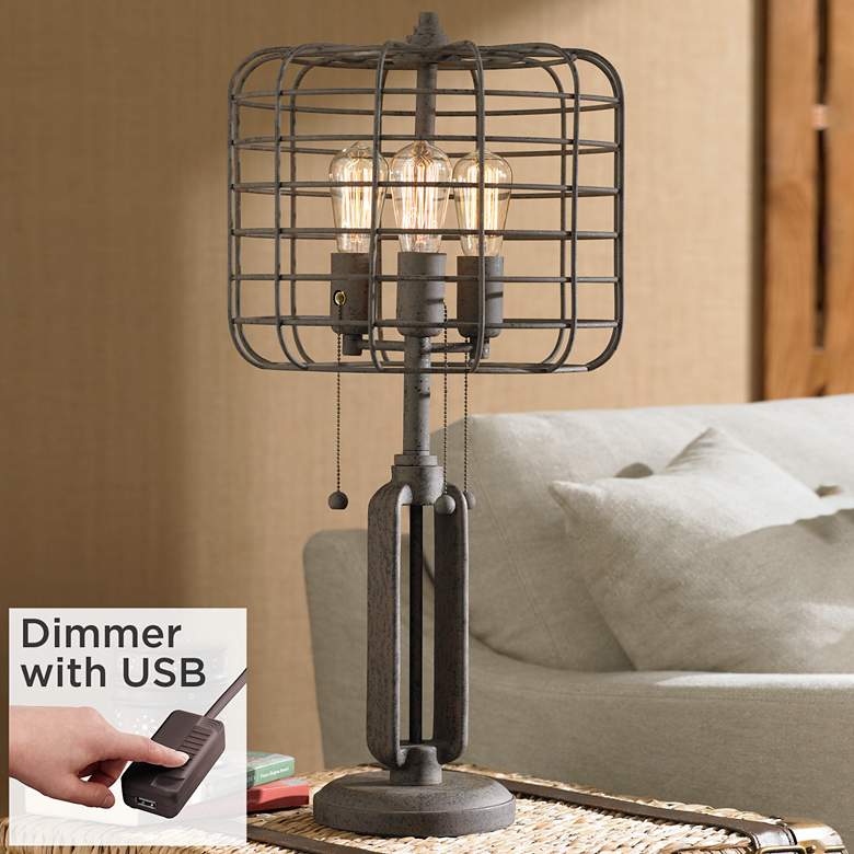 Image 1 Industrial Cage Edison Bulb Rust Metal Table Lamp with USB Dimmer Cord