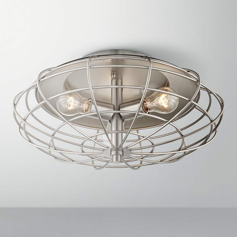 Image 1 Industrial Cage Nickel 8 1/2 inch High Ceiling Light Fixture