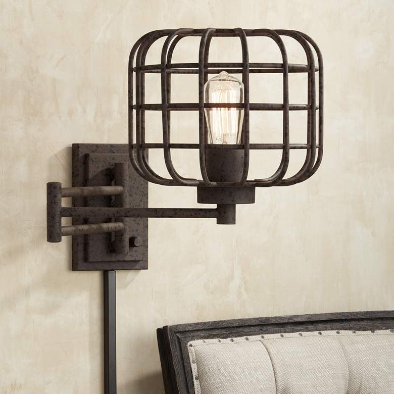 Image 1 Industrial Cage Plug-In Swing Arm Wall Light