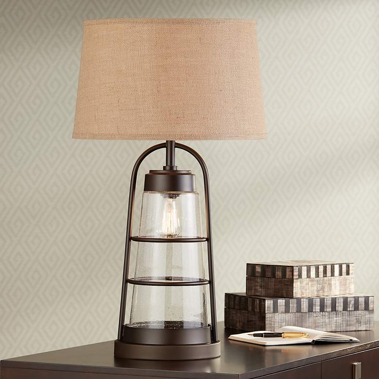 Image 1 Industrial Lantern Table Lamp with Night Light with 9W LED Bulb
