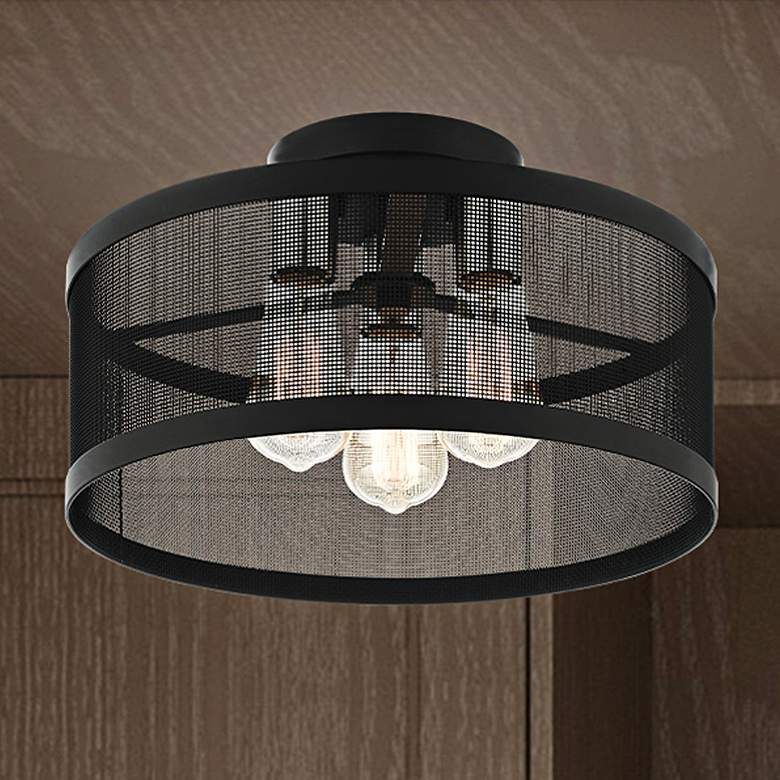 Image 2 Industro 15" Wide Black Mesh 3-Light Ceiling Light