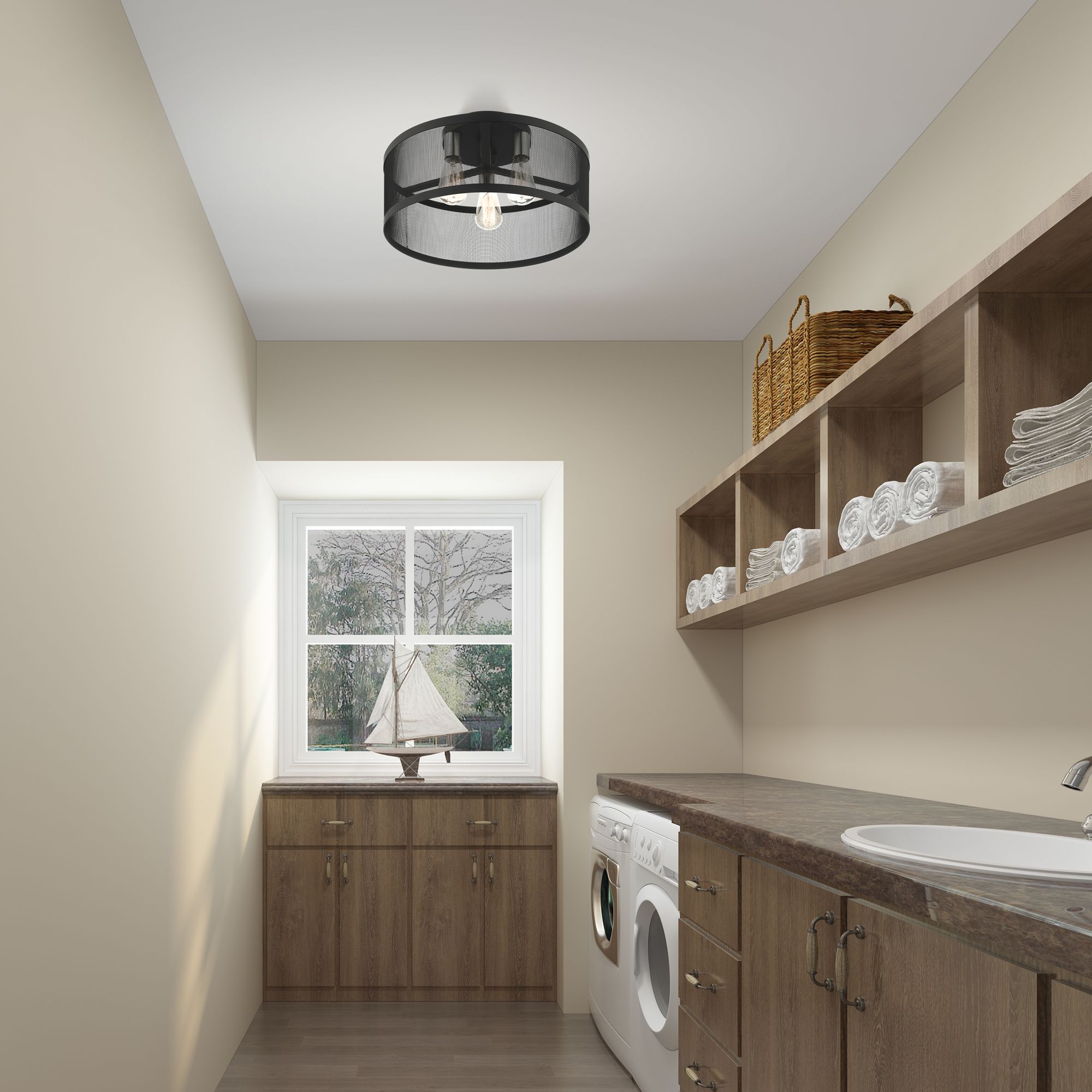 Industro 18" Wide Black Mesh Ceiling Light in scene