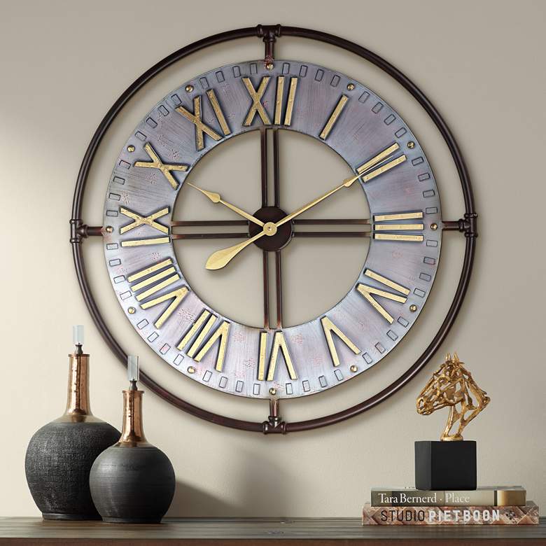 Image 2 Industry 33 inch Wide Steel and Gold Open-Face Wall Clock