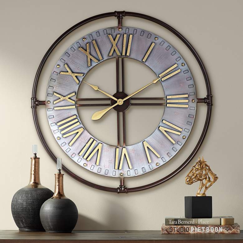 Image 1 Industry 33" Wide Steel and Gold Open-Face Wall Clock