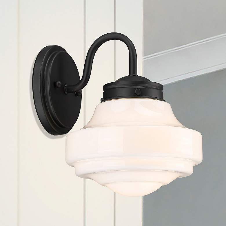 Image 1 Ingalls 7 1/2" Wide Wall Sconce in Matte Black with Vintage Milk Glass
