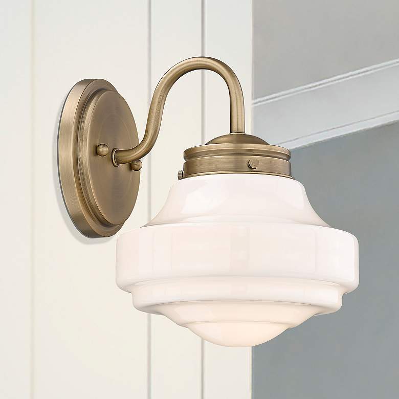 Image 1 Ingalls 7 1/2" Wide Wall Sconce in Modern Brass with Vintage Milk Glas