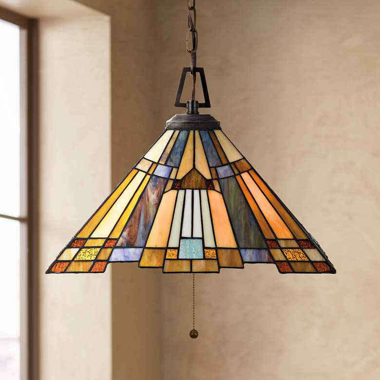 Image 1 Inglenook 17 inch Wide Tiffany-Style Art Glass Pull-Chain Pendant Light