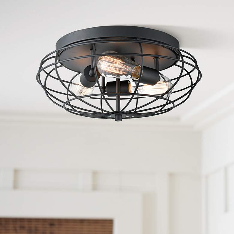 Image 1 Innovations Lighting Muselet 15" Rustic Cage Matte Black Ceiling Light
