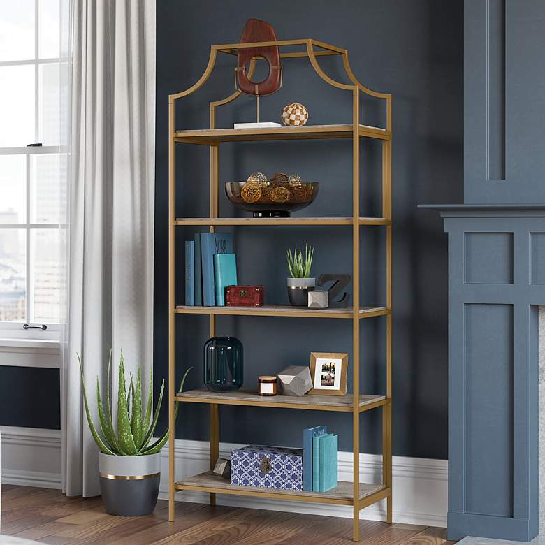 Image 1 International Lux 30"W Gold and Deco Stone 5-Shelf Bookcase