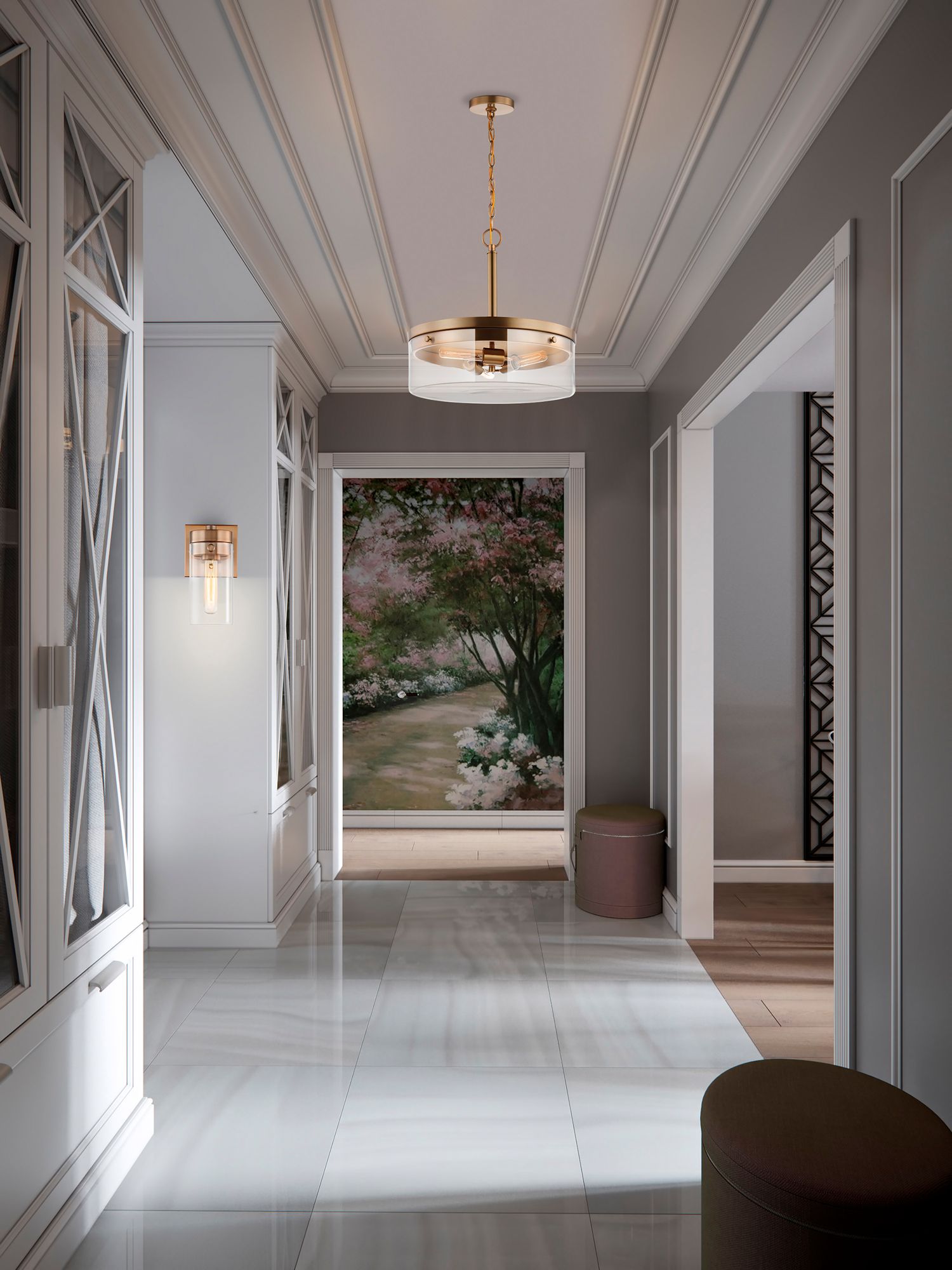 Intersection; 3 Light; Pendant; Burnished Brass with Clear Glass