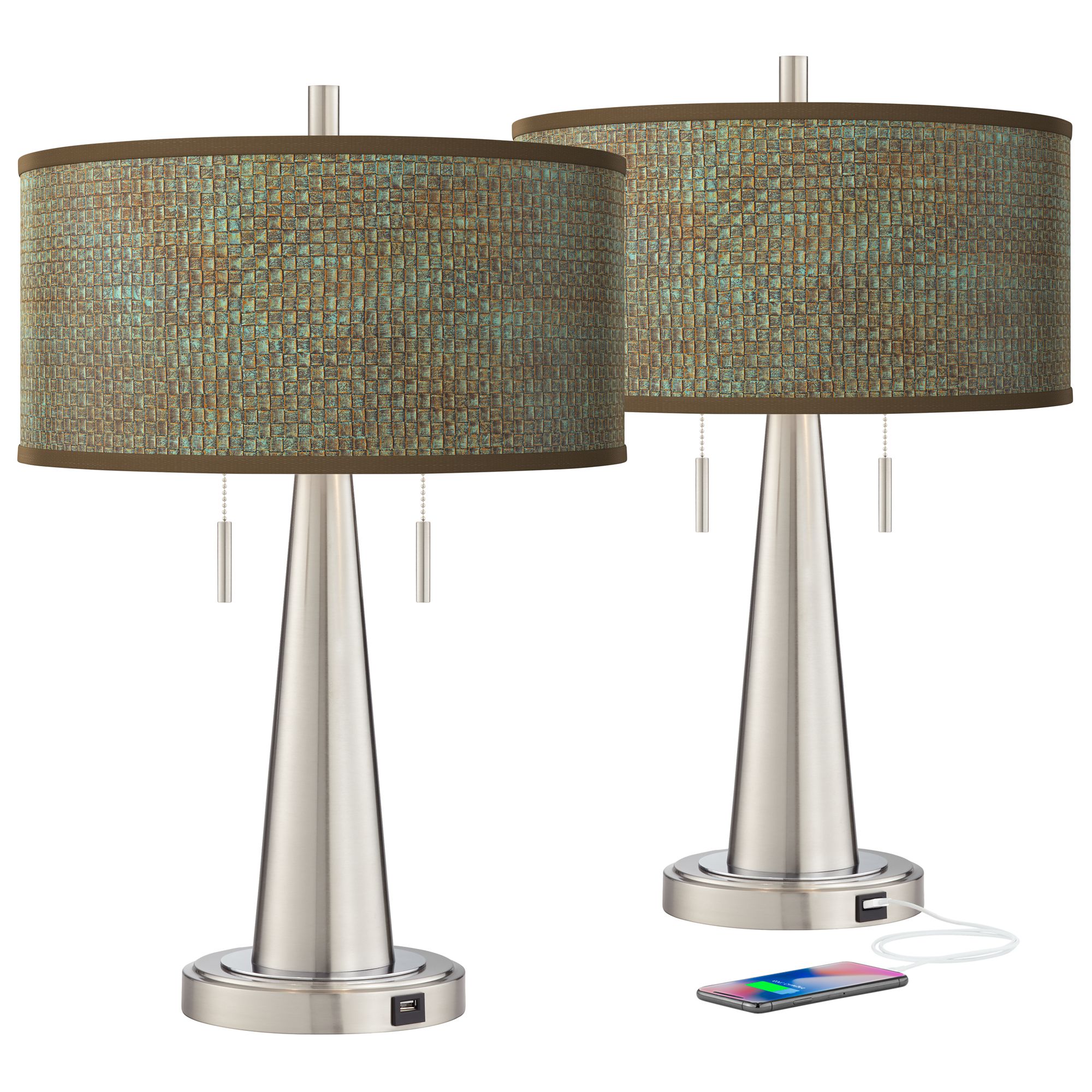 Interweave Patina Vicki Brushed Nickel USB Table Lamps Set of 2