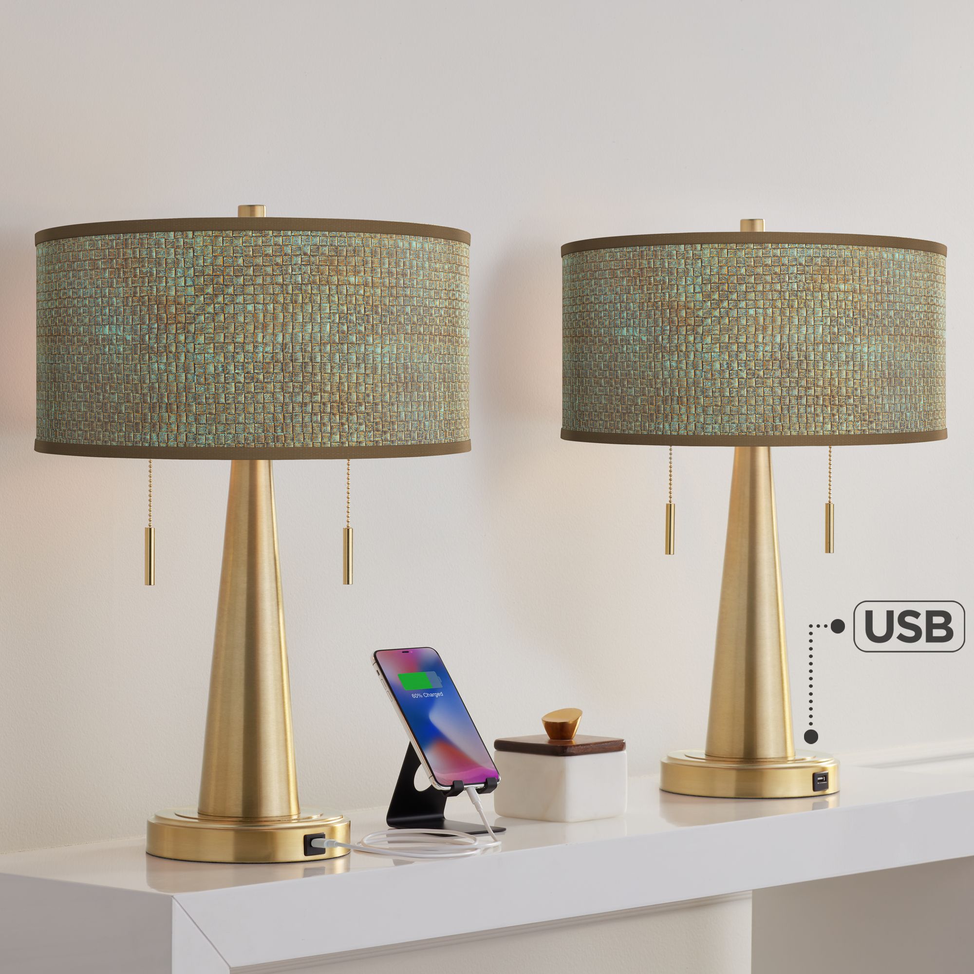 Image Interweave Patina Vicki Gold USB Table Lamps Set of 2
