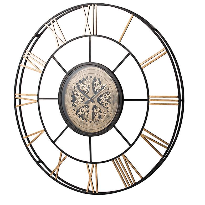 Image 4 Inverness Antique Black and Gold 56" Round Gear Wall Clock more views