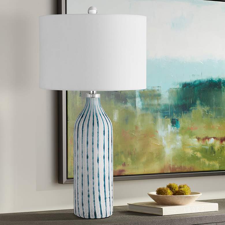 Image 1 Inveruno Aqua Gray Striped Glass Bottle Table Lamp