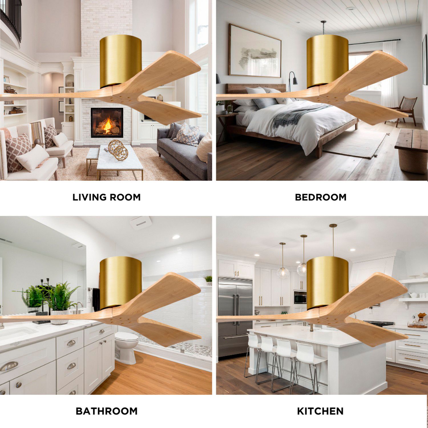 Irene.3H 42"W 3 Blade Brushed Brass Paddle Fan w/ Light Maple Blades